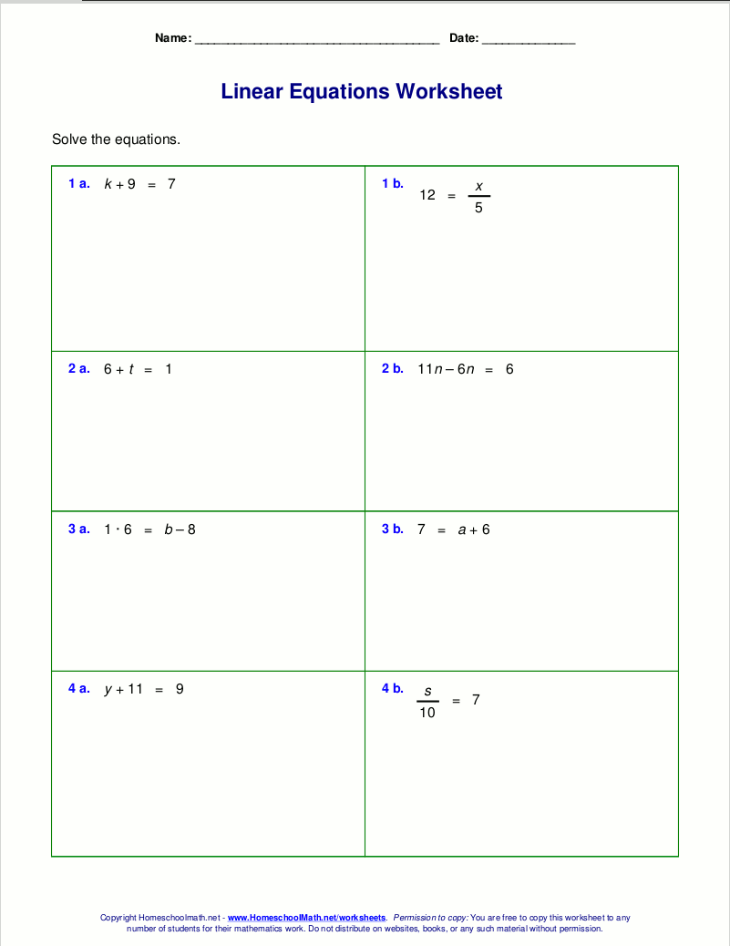 Free Worksheets For Linear Equations Grades 6 9 Pre Algebra Algebra 1 Free Printable Solving Equations Worksheet For Seventh Grade