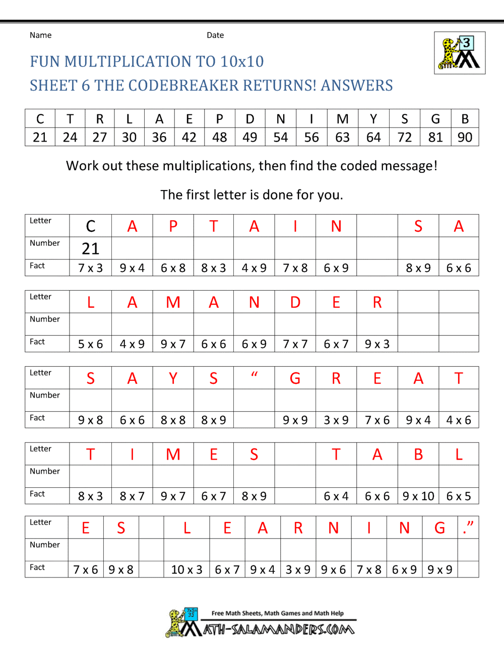 Fun Multiplication Worksheets To 10x10