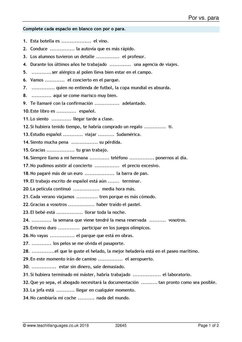 Grammar Worksheet Por Vs Para KS5 Spanish Teaching Resource Teachit