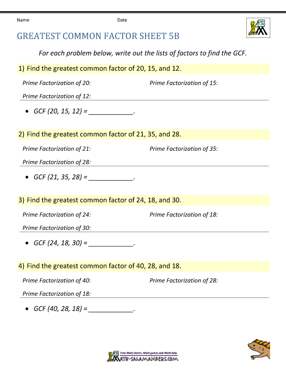 Greatest Common Factor GCF Worksheet PDF Printable Operations Algebraic Thinking Worksheet Cazoom Math