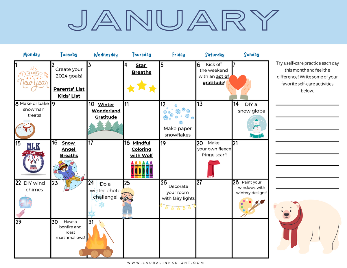 Happy New Year FREE January 2024 Kids Self Care And Winter Family Fun Calendar Laura Linn Knight