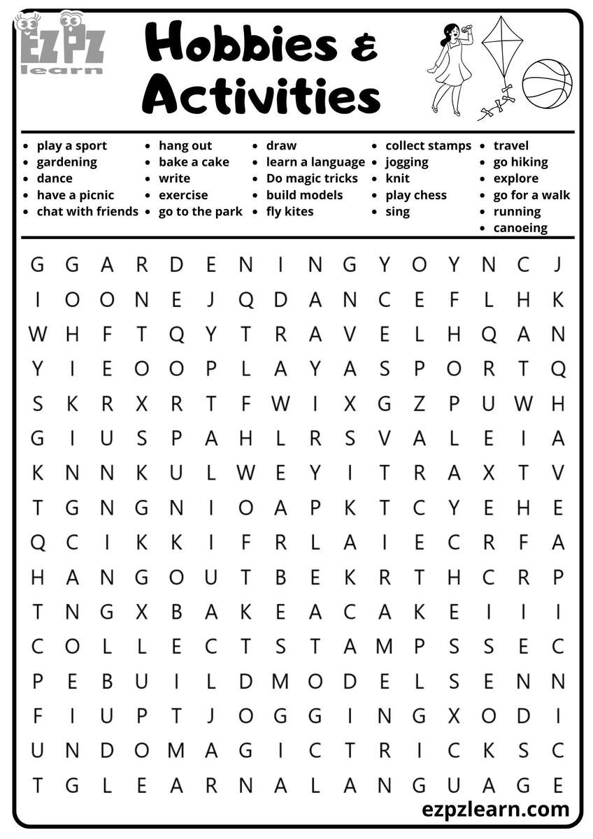 Hobbies And Free Time Activities Vocabulary Word Search For Kids And ESL Students Free Printable PDF Download 26 Words Ezpzlearn Hobbies And Free Time Activities Vocabulary Word Search For Kids And ESL Students Free Printable PDF Download 26 Words Ezpzlearn