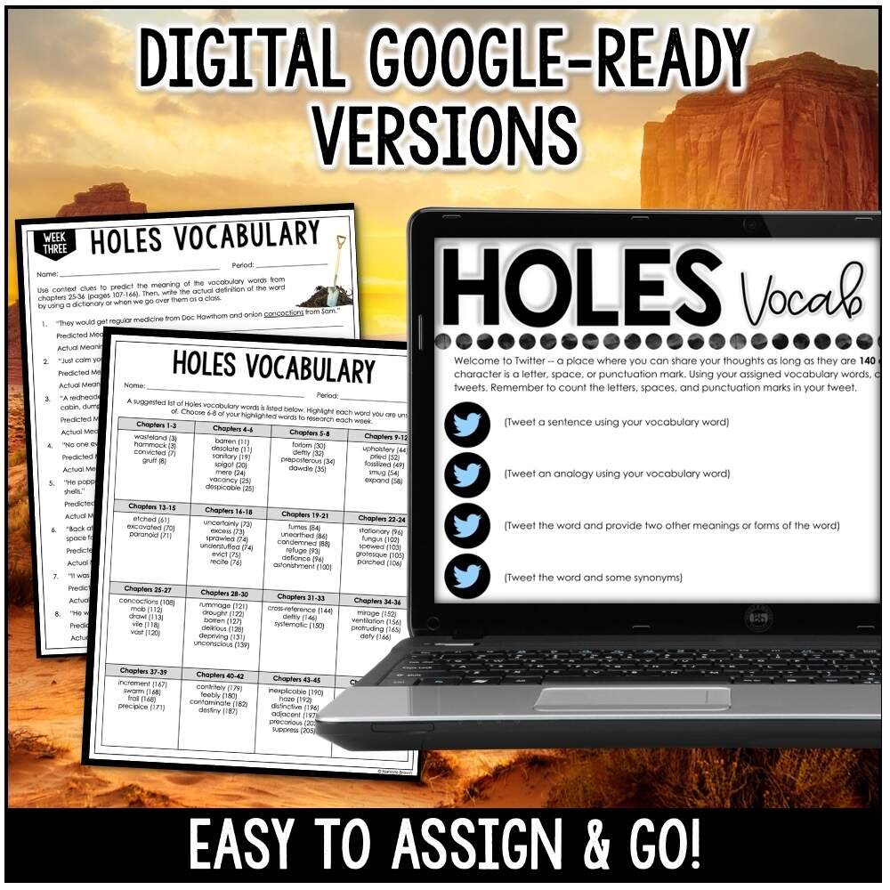 Holes Novel Study Vocabulary Activities Digital Printable Holes Novel Study Vocabulary Activities Digital Printable