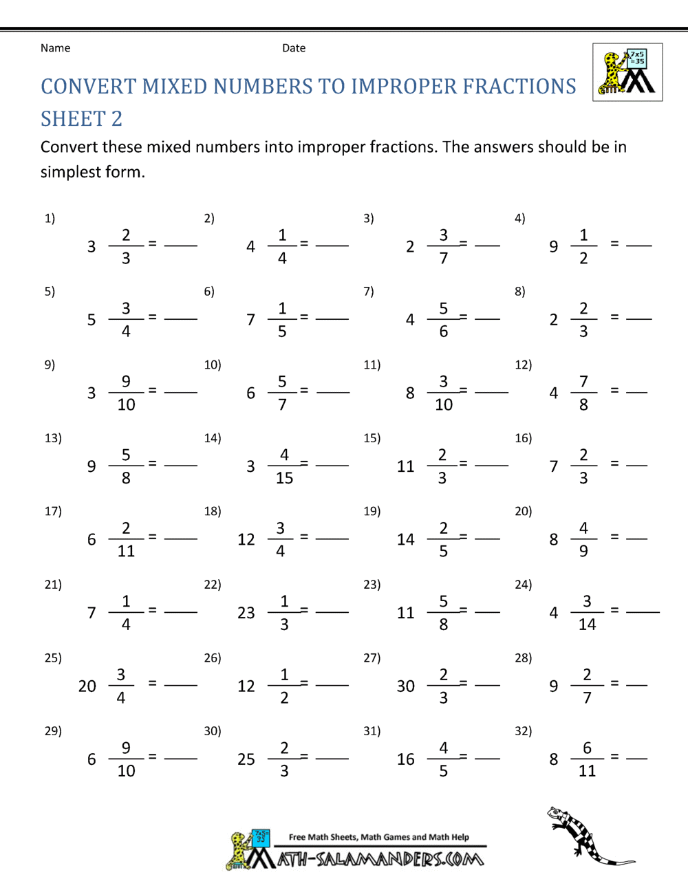 Mixed Numbers Improper Fractions B 4th Grade PDF Number And Operations Worksheets Cazoom Math
