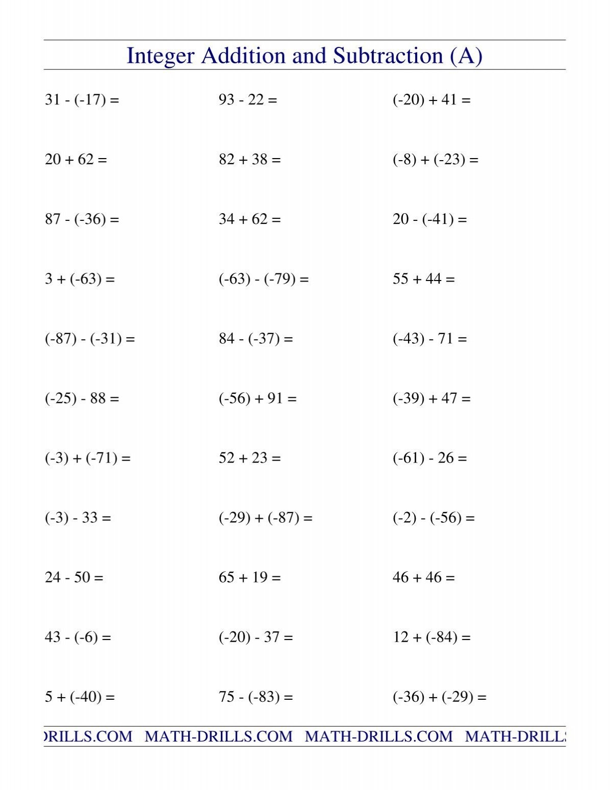Integers Adding And Subtracting 2 Pdf Mulholland Middle School