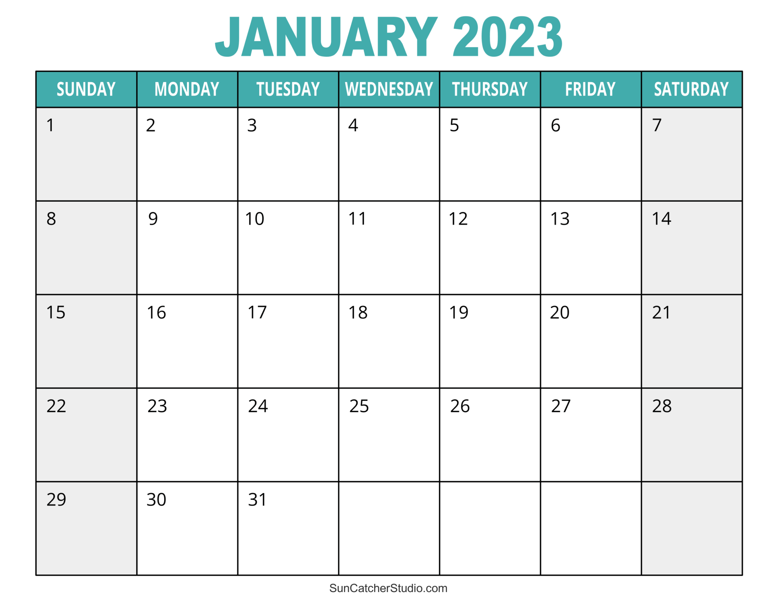 January 2023 Calendar Free Printable Free Printables Lettering SVG Files Tools Apps Months Of The Year Worksheets Free PDF Printables Teach Prints