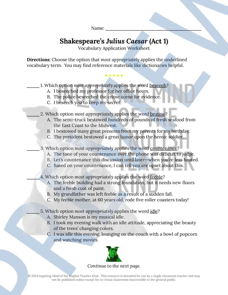 Julius Caesar Act 1 Quiz Close Reading Worksheets And Vocabulary Games Bundle Classful