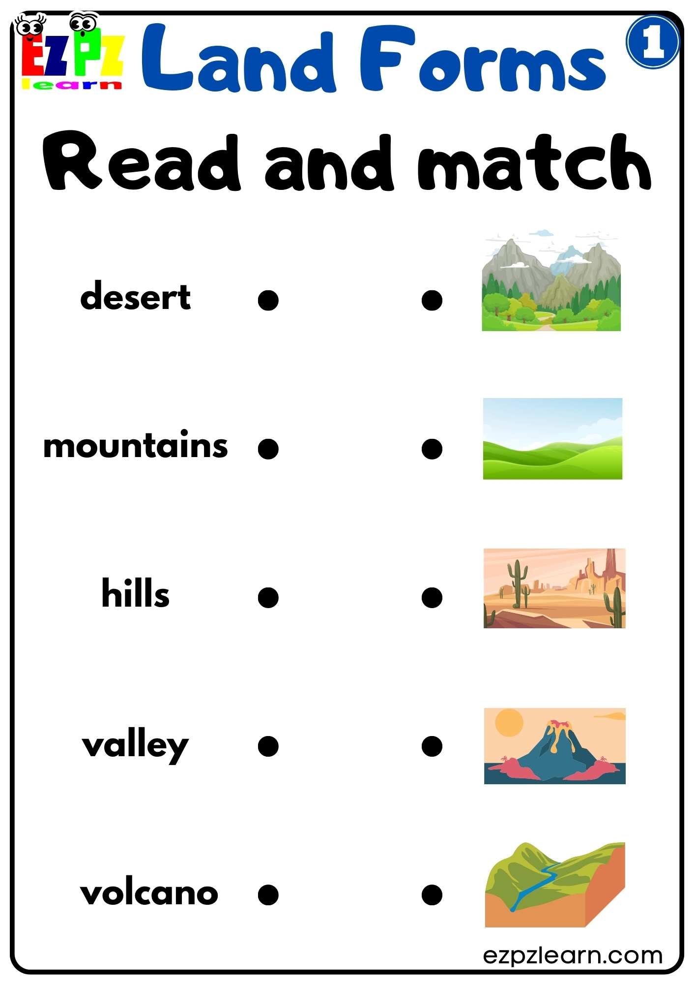 Land And Water Forms Read And Match Activity Free PDF Download Set 1 Ezpzlearn