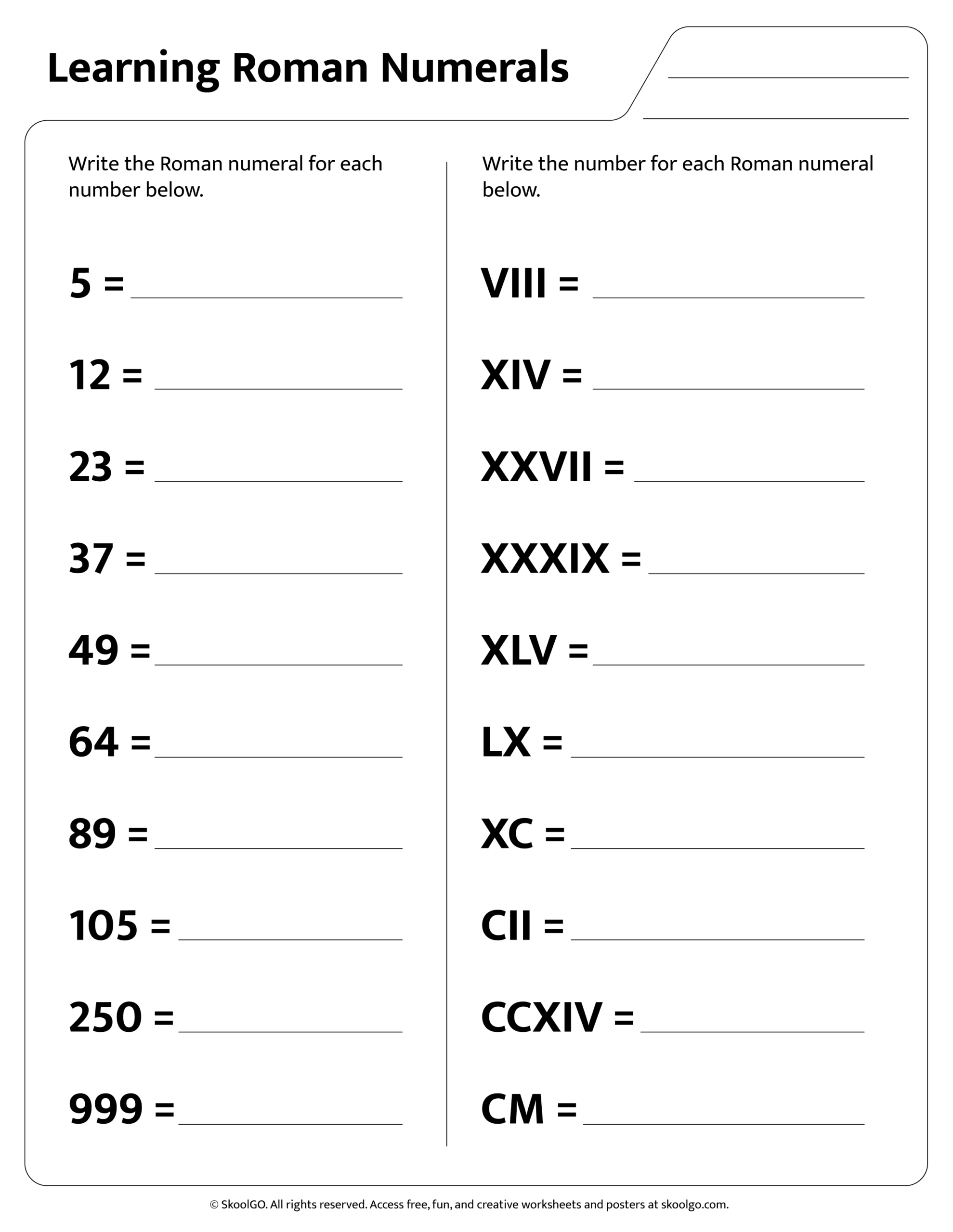 Learn Roman Numerals Free Worksheet PDF For Kids