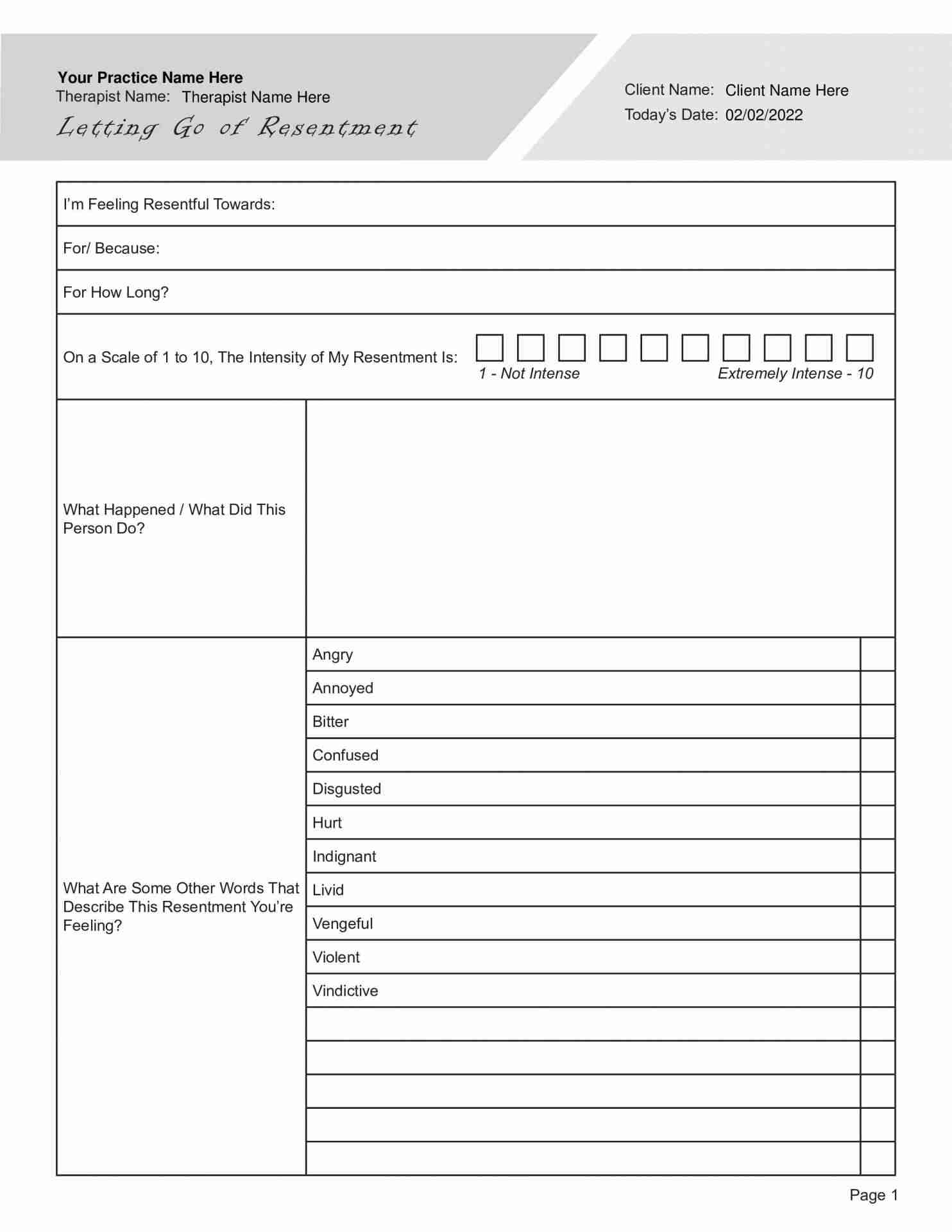Letting Go Of Resentment Worksheet Editable Fillable Printable PDF TherapyByPro