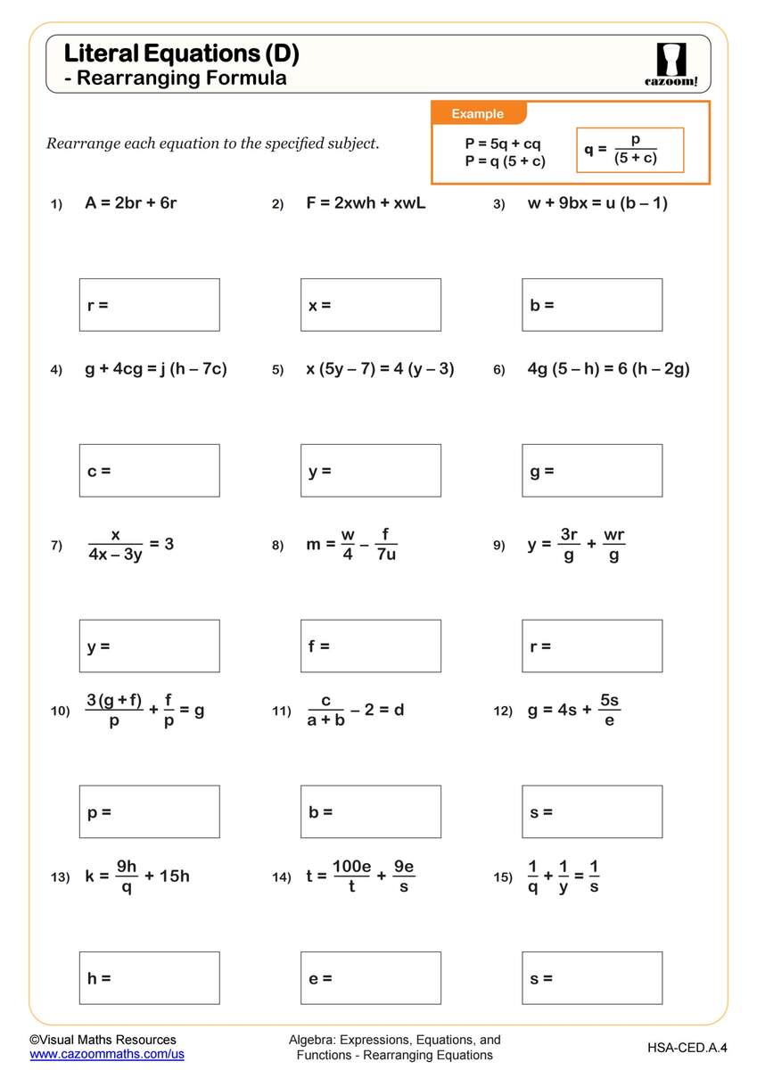 Literal Equations D Rearranging Formula Worksheet Algebra I PDF Worksheets Cazoom Math