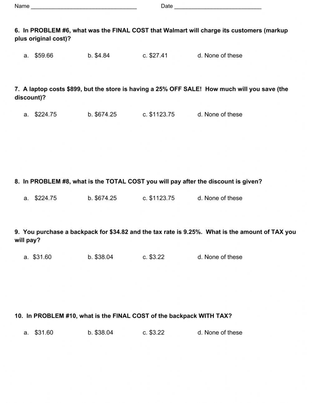 Markups And Markdowns Word Problems Independent Practice Worksheets Library