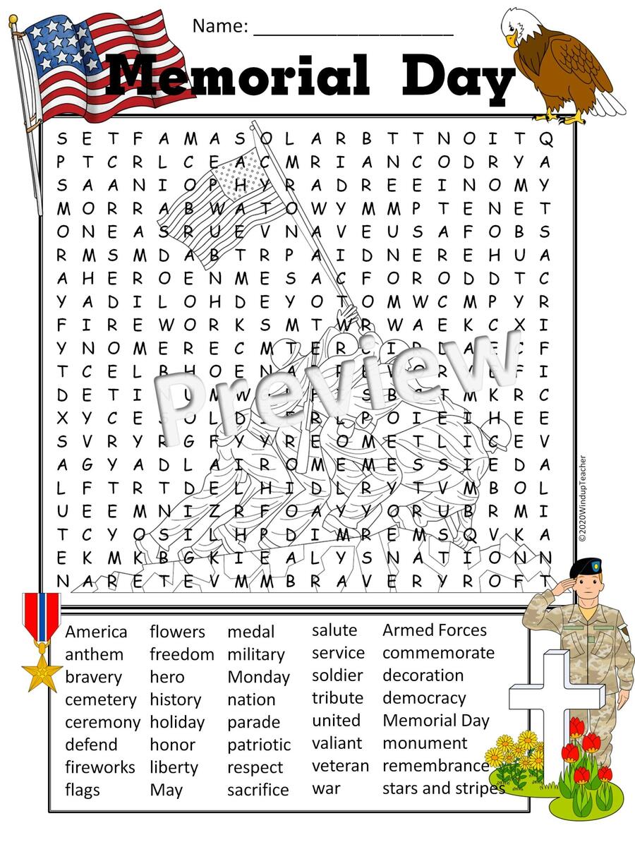 Memorial Day Word Search Activity Printable Hard For Grades 5 To Adult Classful