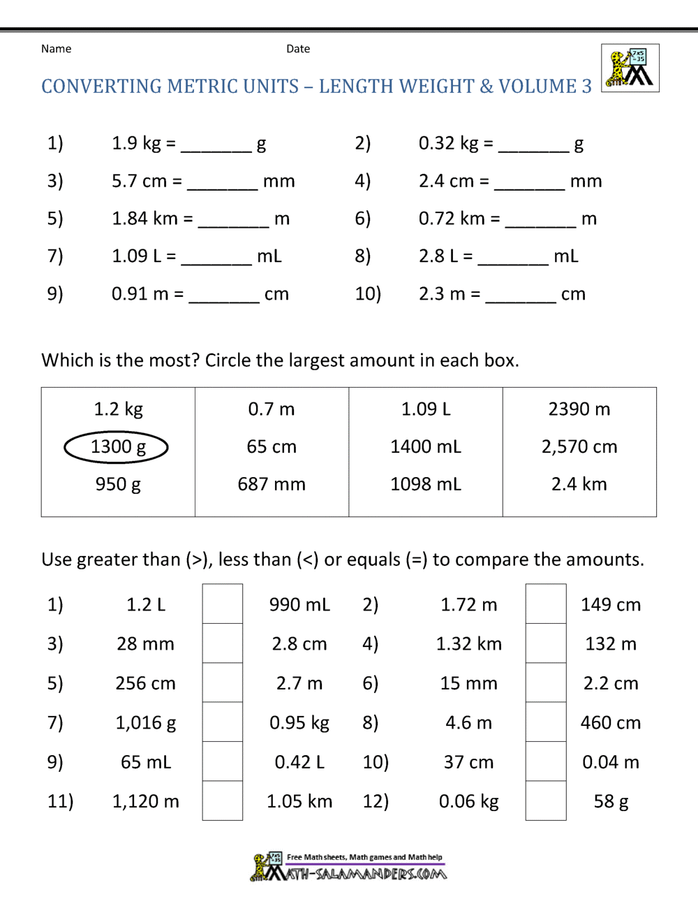 Metric Conversion Worksheet Metric Conversion Worksheet