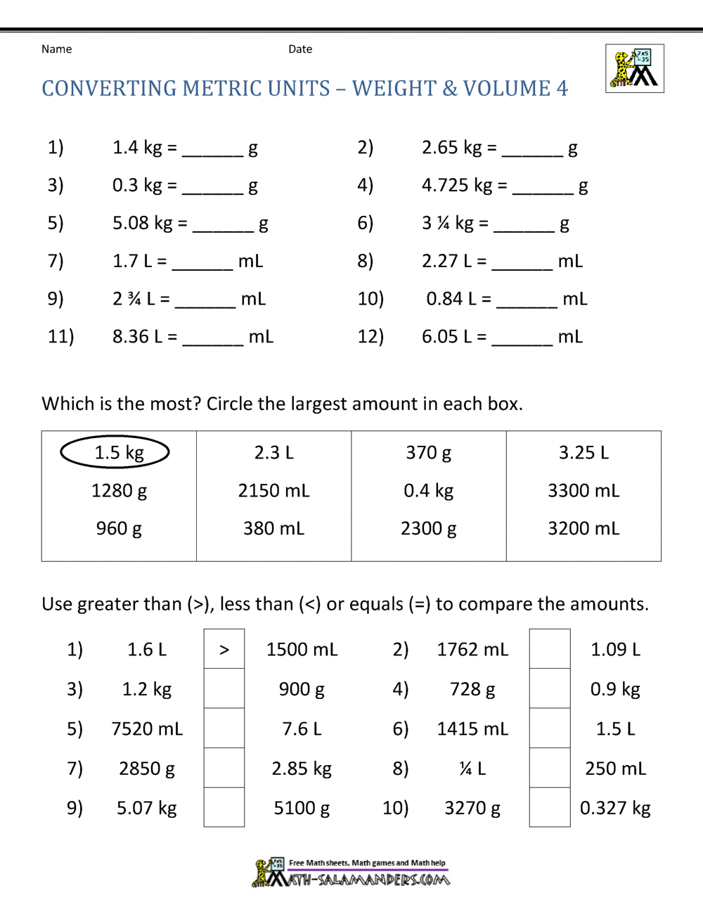 Metric Conversion Worksheet Metric Conversion Worksheet
