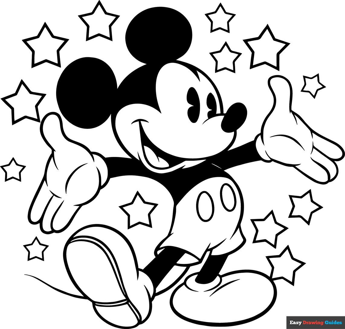 Mickey Mouse Surrounded By Stars Coloring Page Easy Drawing Guides Mickey Mouse Color By Number Made With HAPPY