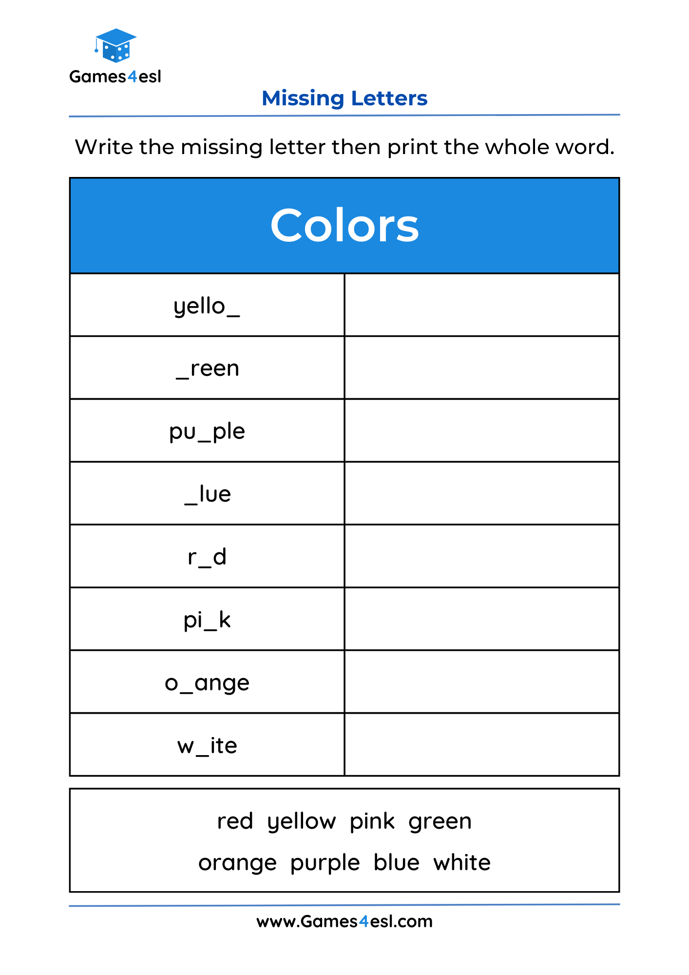 Missing Letter Worksheets Games4esl