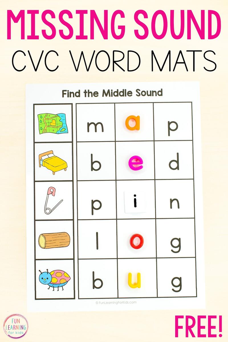 Missing Middle Sound CVC Word Mats Free Printable Missing Middle Sound CVC Word Mats Free Printable