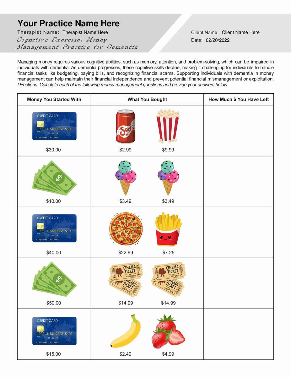Money Management For Dementia Worksheet PDF TherapyByPro Counting Money Worksheets Money Math Free Printables Lettering SVG Files Tools Apps