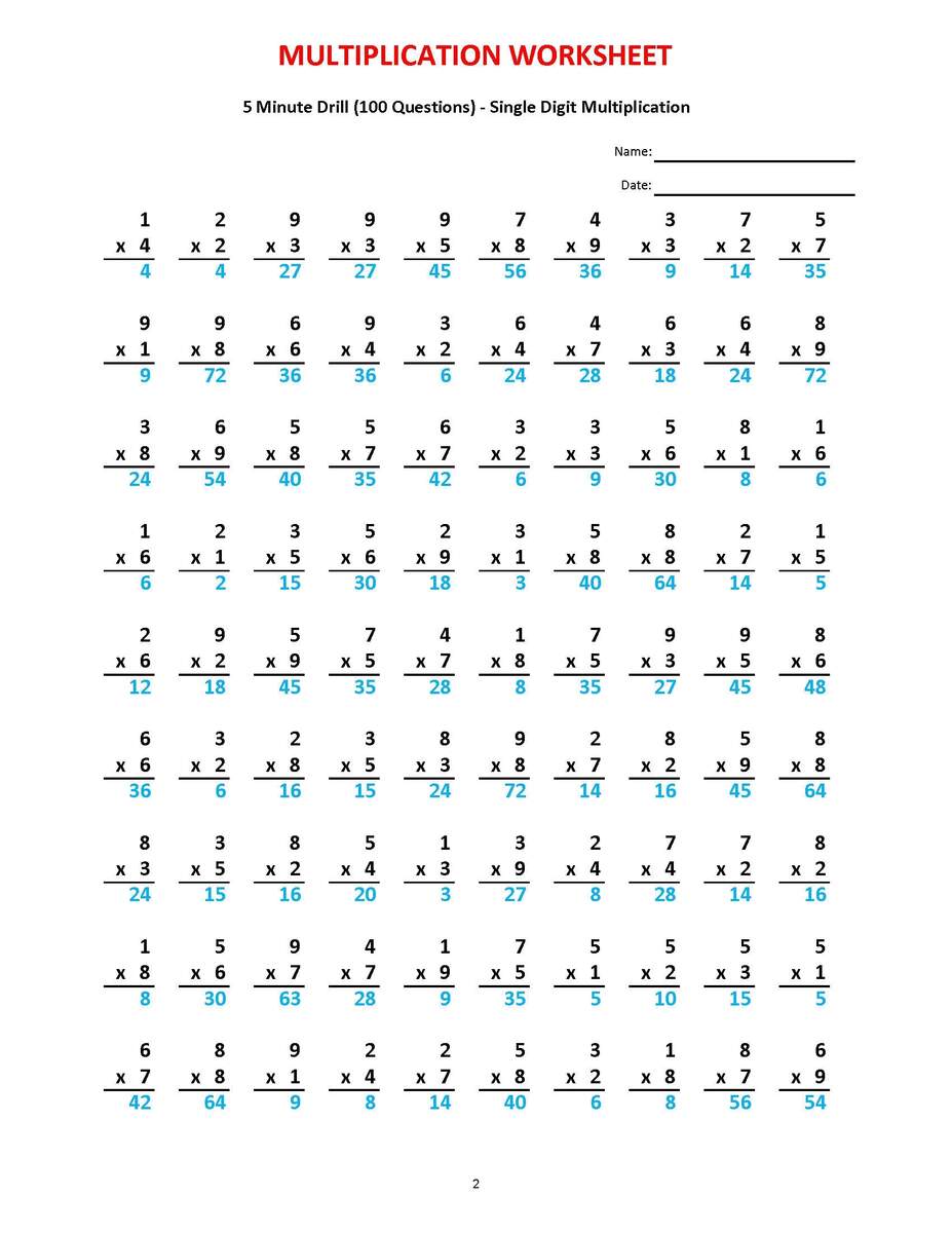 Multiplication 5 Minute Drill 10 Math Worksheets With Answers PDF Etsy