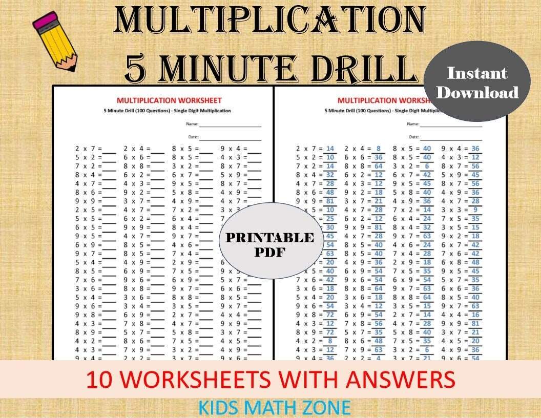 Multiplication 5 Minute Drill Worksheets Grade 2 4 PDF Download Etsy