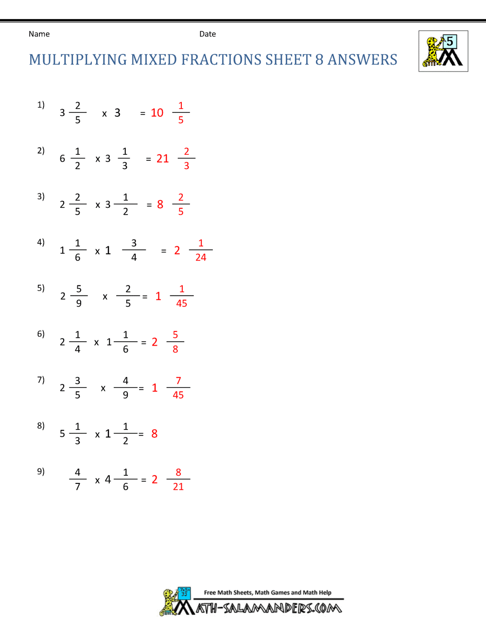Multiplying Mixed Fractions Dividing Mixed Fractions Worksheet