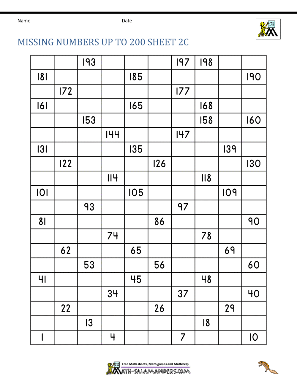 Number Grid Up To 200