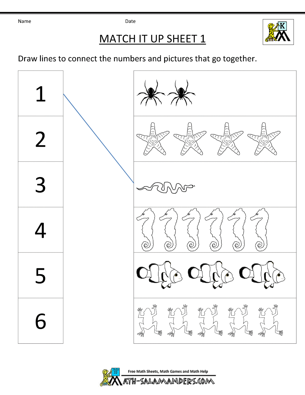 Number Matching Worksheets 1 10