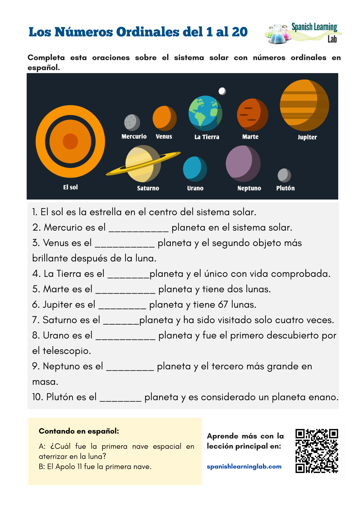 Ordinal Numbers In Spanish PDF Worksheet Spanish Learning Lab