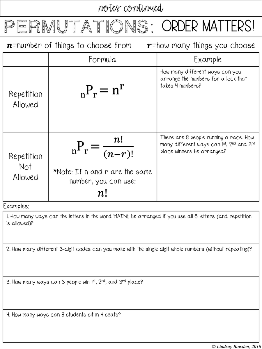 Permutations And Combinations Notes And Worksheets Lindsay Bowden Worksheets Library