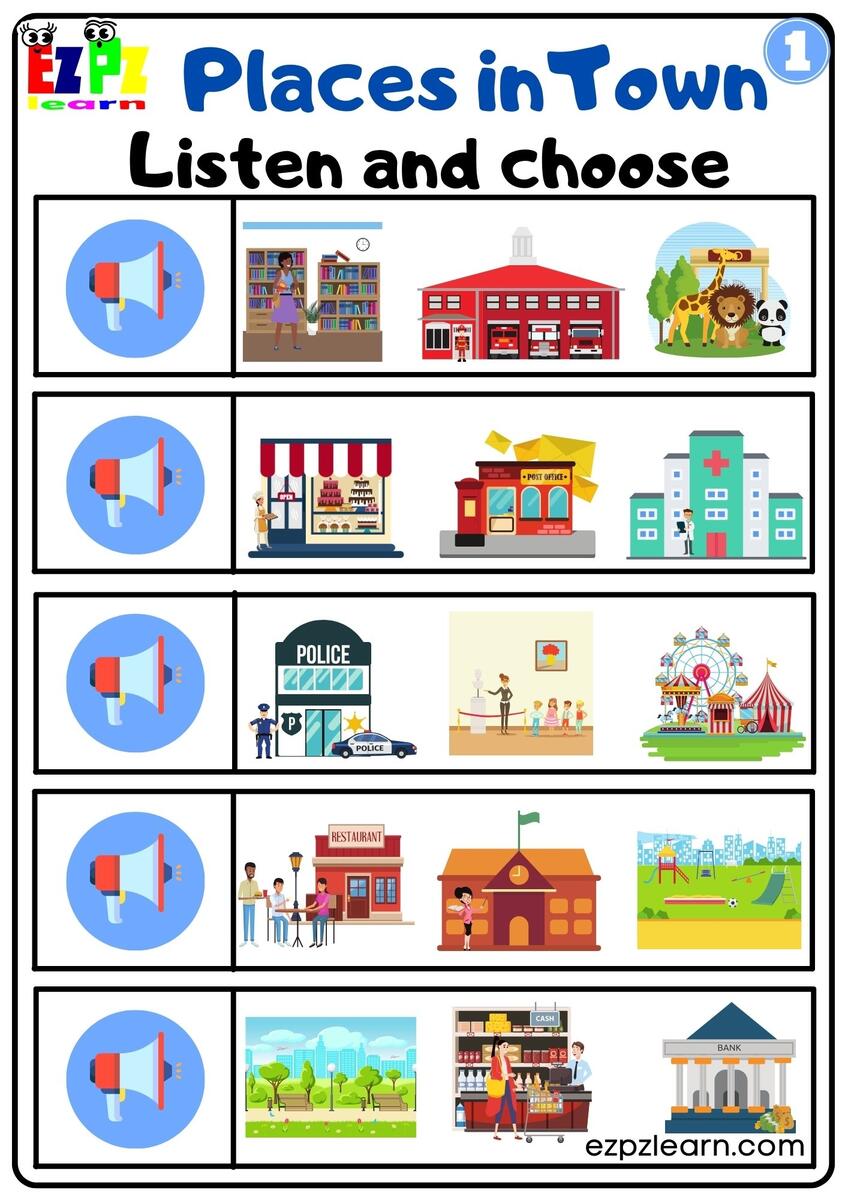 Places In The City Vocabulary Interactive Worksheet Listen And Choose The Correct Images Activity For Home Schooling Kindergarten And ESL G1 Ezpzlearn Places In Town Vocabulary Read And Match Worksheet Free Download For Parents And ESL Teachers Group 2 Ezpzlearn
