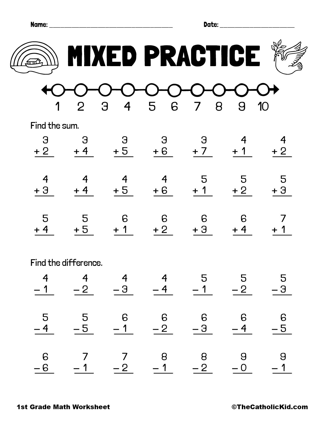 Practice Addition Subtraction 1st Grade Math Worksheet Catholic TheCatholicKid Colorful Math Addition Subtraction Worksheets 8 Page Printable For Kids Etsy
