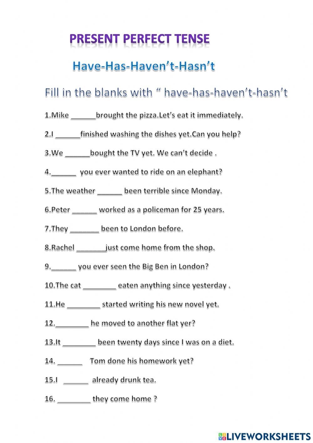 Present Perfect Tense Online Exercise For Grade 5 7 Worksheets Library