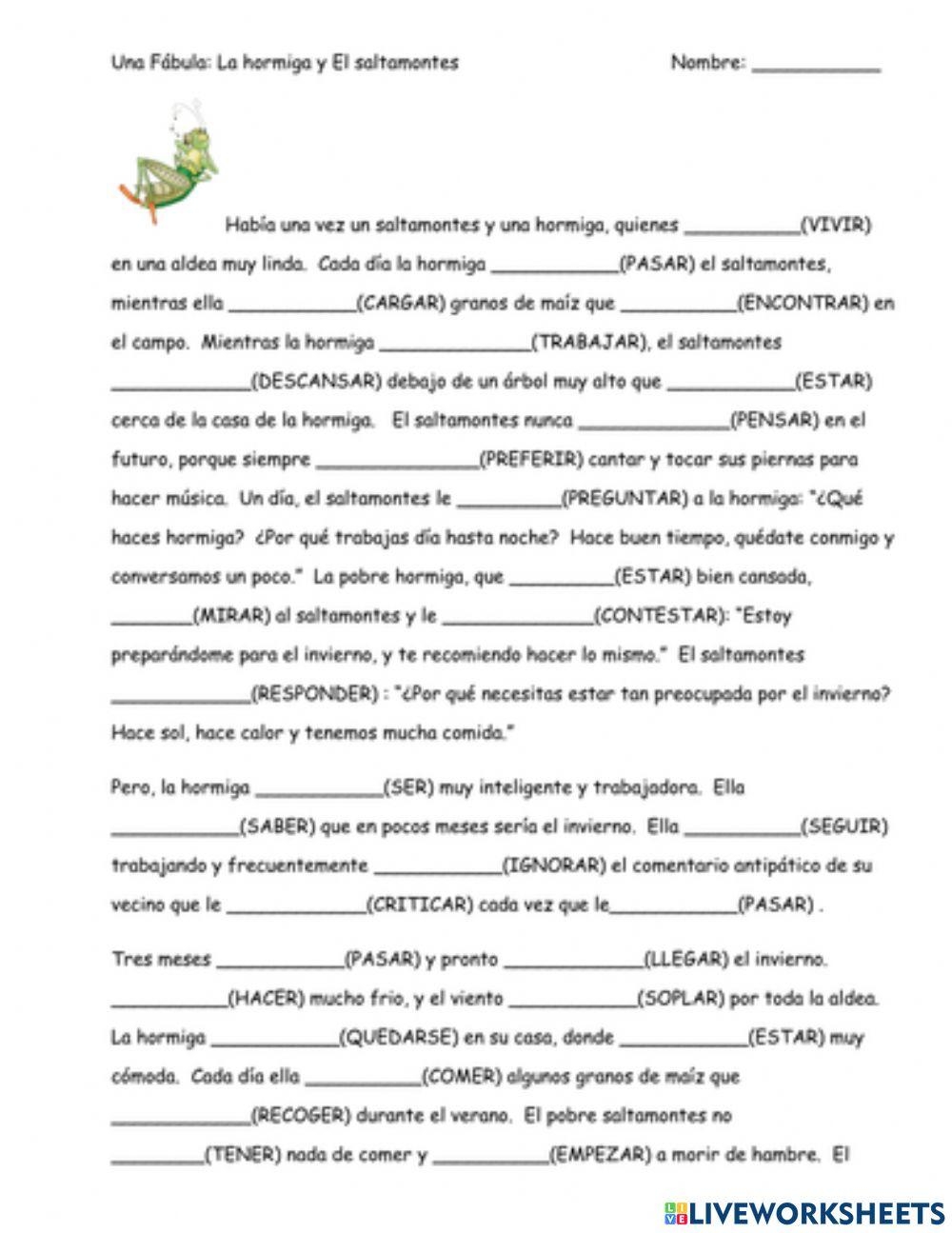 Preterite Vs Imperfect La Hormiga Y El Saltamontes Online Worksheets Library Preterit Vs Imperfect Worksheet Worksheets Library