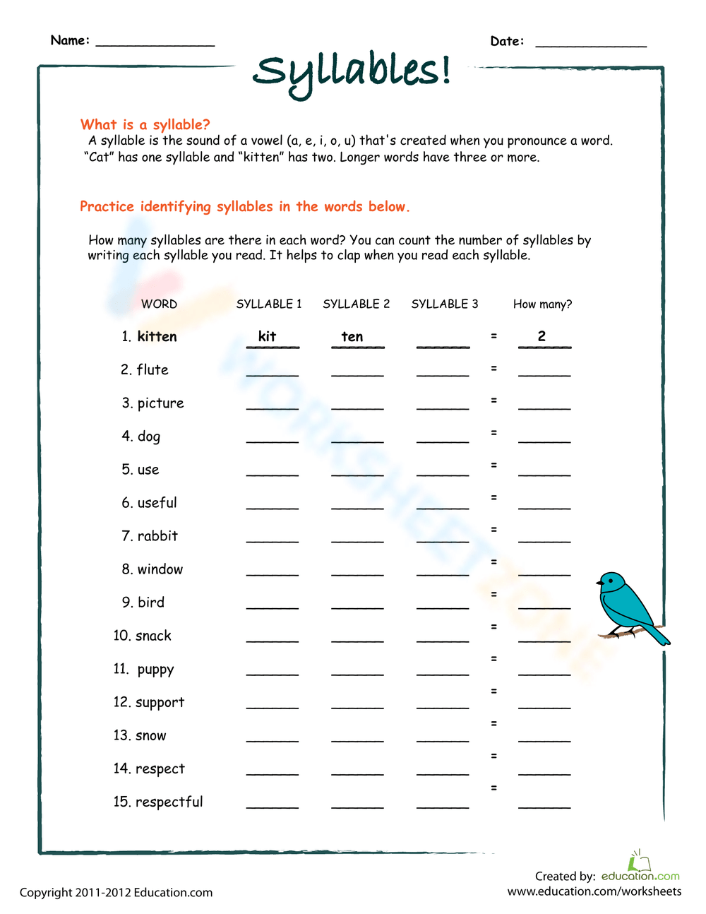 Printable 2nd Grade Syllable Worksheets Syllables Worksheets One Two Or Three Syllables Worksheet