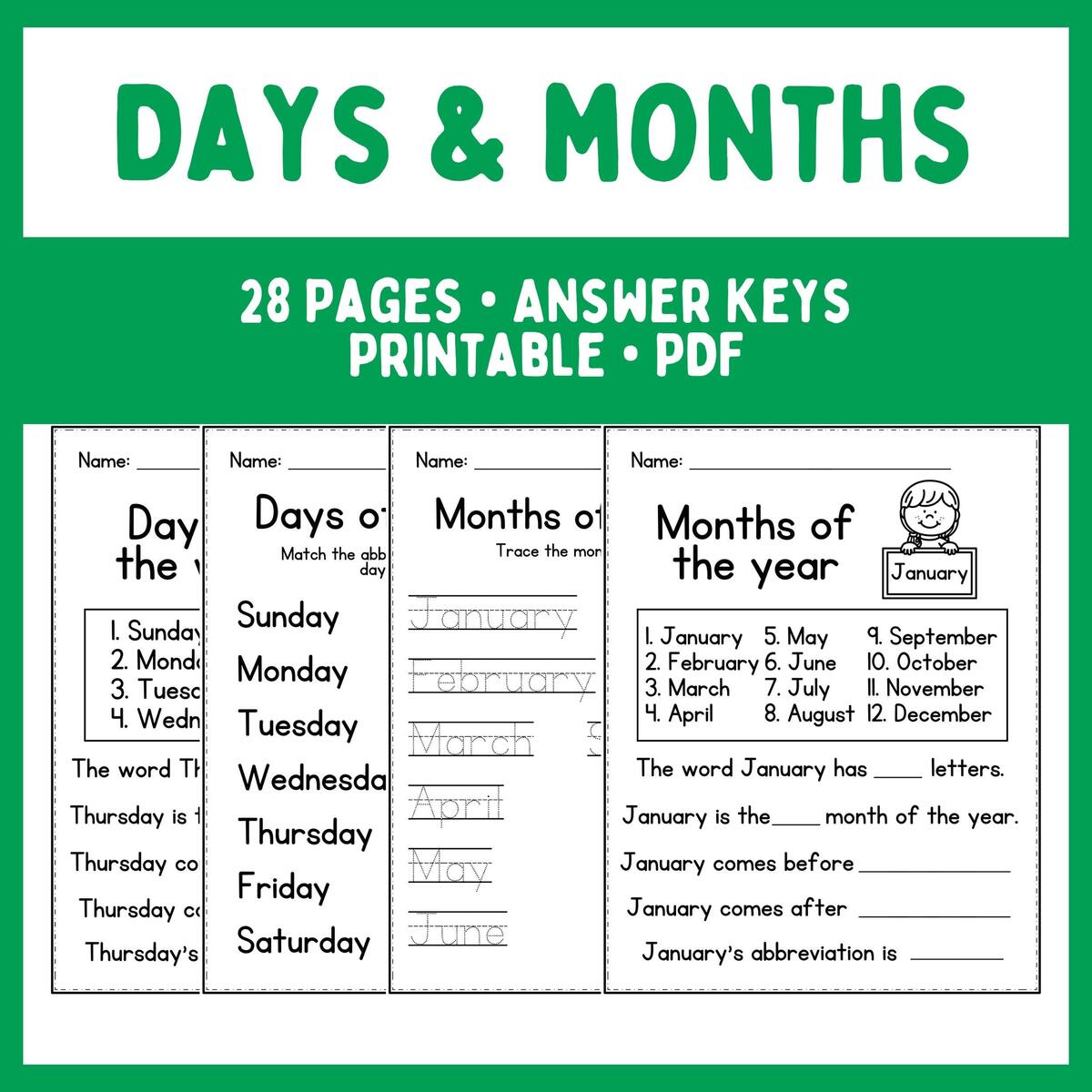 Printable Worksheets Months Days Of The Week Kindergarten Homeschool Instant Download Etsy