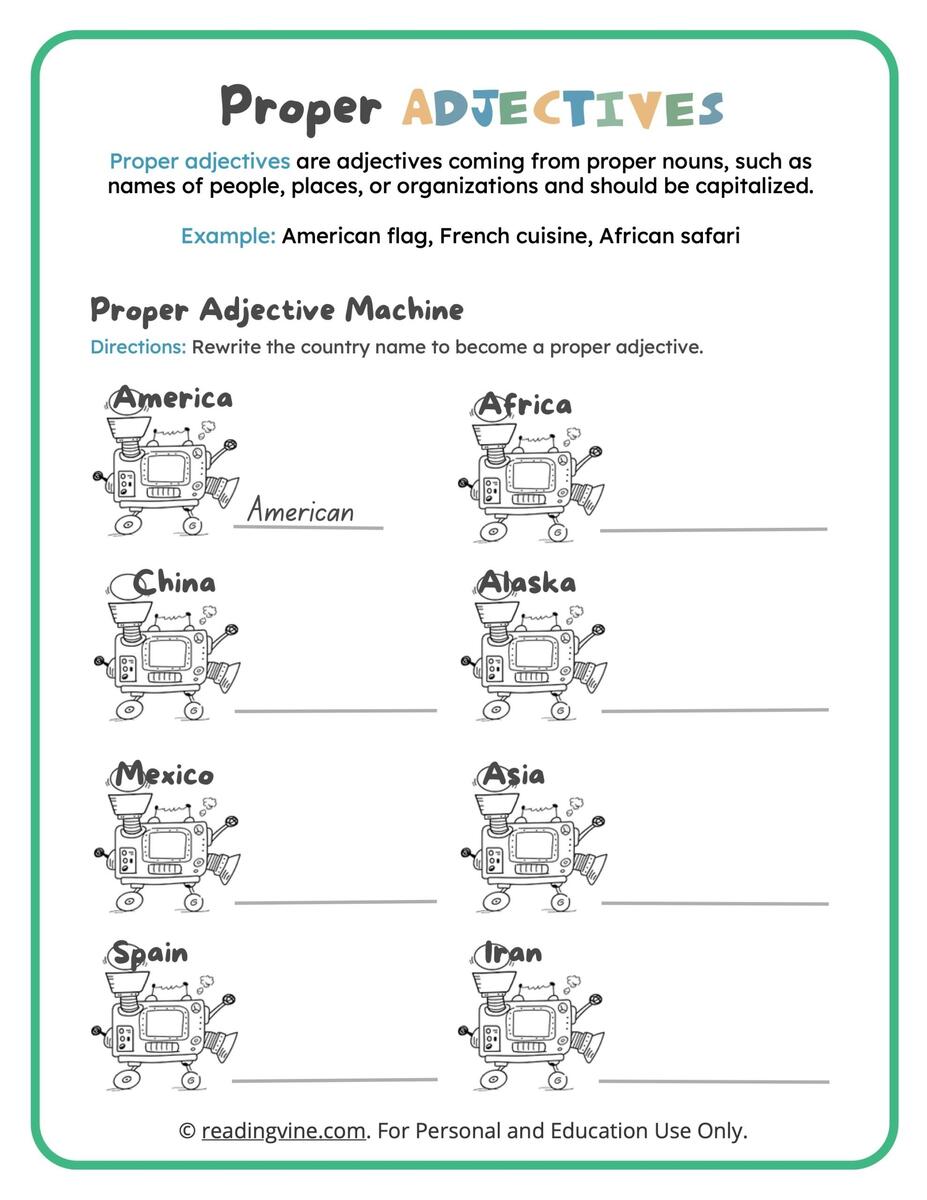 Proper Adjectives Worksheets ReadingVine Proper Adjectives Worksheets Library