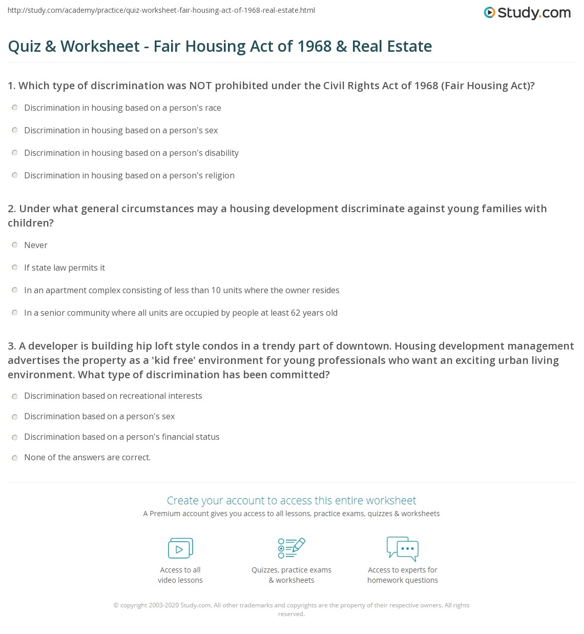 Quiz Worksheet Fair Housing Act Of 1968 Real Estate Study Quiz Worksheet Fair Housing Act Of 1968 Real Estate Study
