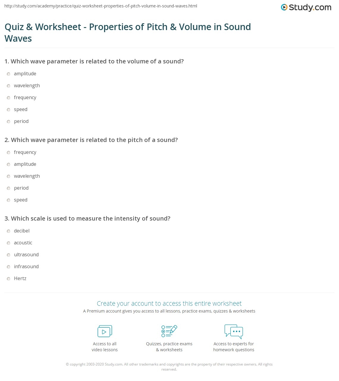 Quiz Worksheet Properties Of Pitch Volume In Sound Waves Study