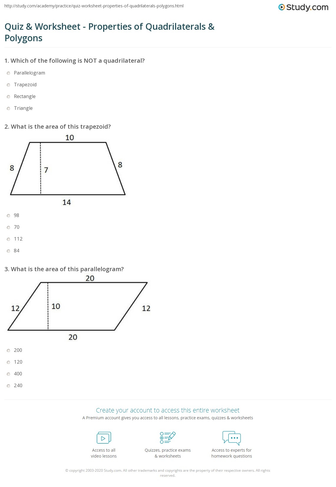 Quiz Worksheet Properties Of Quadrilaterals Polygons Study Year 4 Properties Of Shapes Worksheets PDF Printable Worksheets