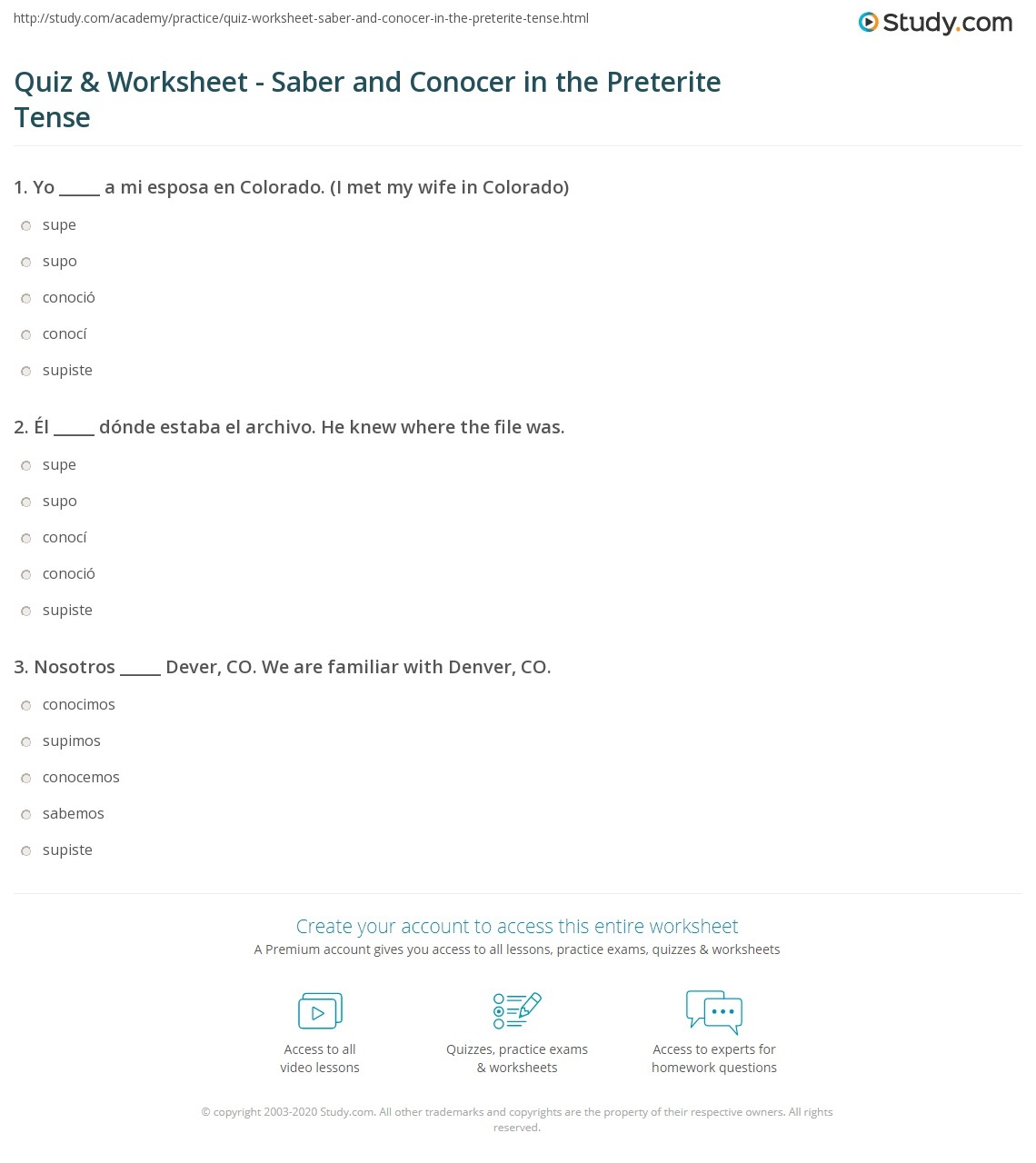 Quiz Worksheet Saber And Conocer In The Preterite Tense Study Quiz Worksheet Saber And Conocer In The Preterite Tense Study