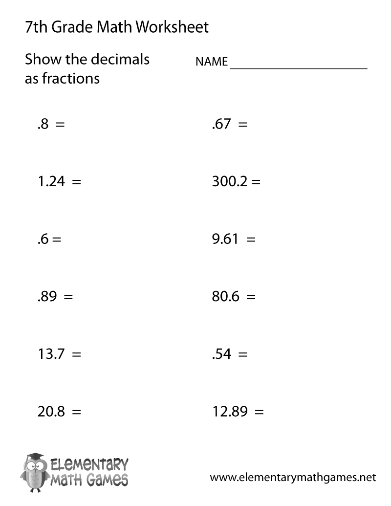 Seventh Grade Decimals Worksheet FREE Jr High And High School Worksheets