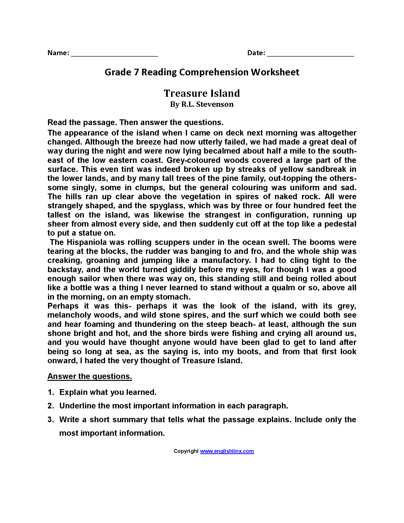 7th Grade Reading Comprehension Worksheets Printable Passages Questions
