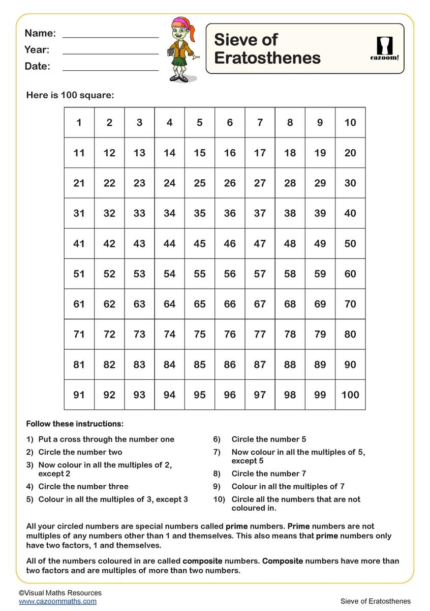Sieve Of Eratosthenes Worksheet PDF Printable Number Worksheets Sieve Of Eratosthenes Page