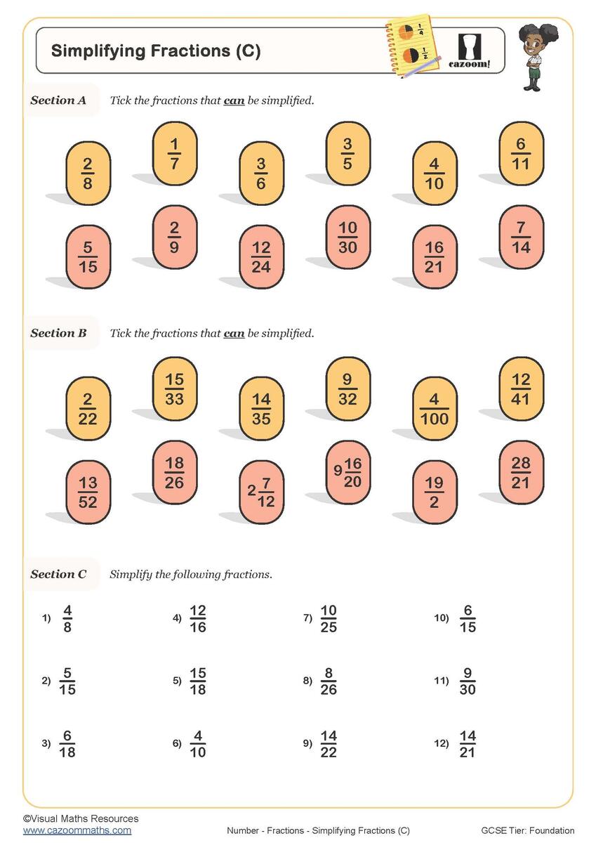 Simplifying Fractions A Worksheet Printable Maths Worksheets