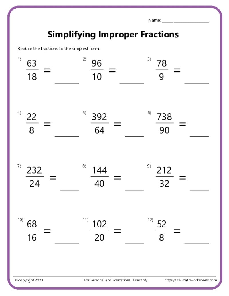 Simplifying Fractions Worksheets K12mathworksheets