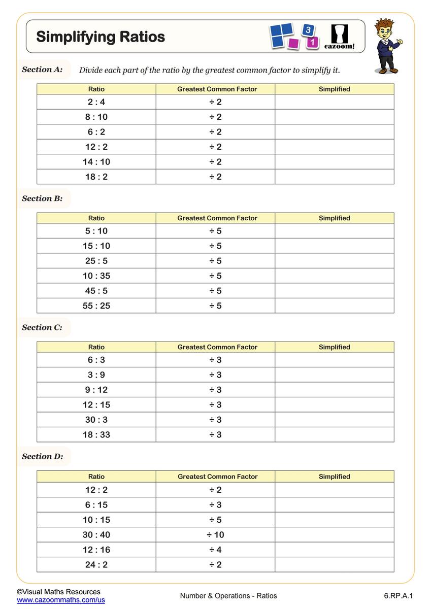 Simplifying Ratios Worksheet Fun And Engaging 6th Grade PDF Worksheets Cazoom Math