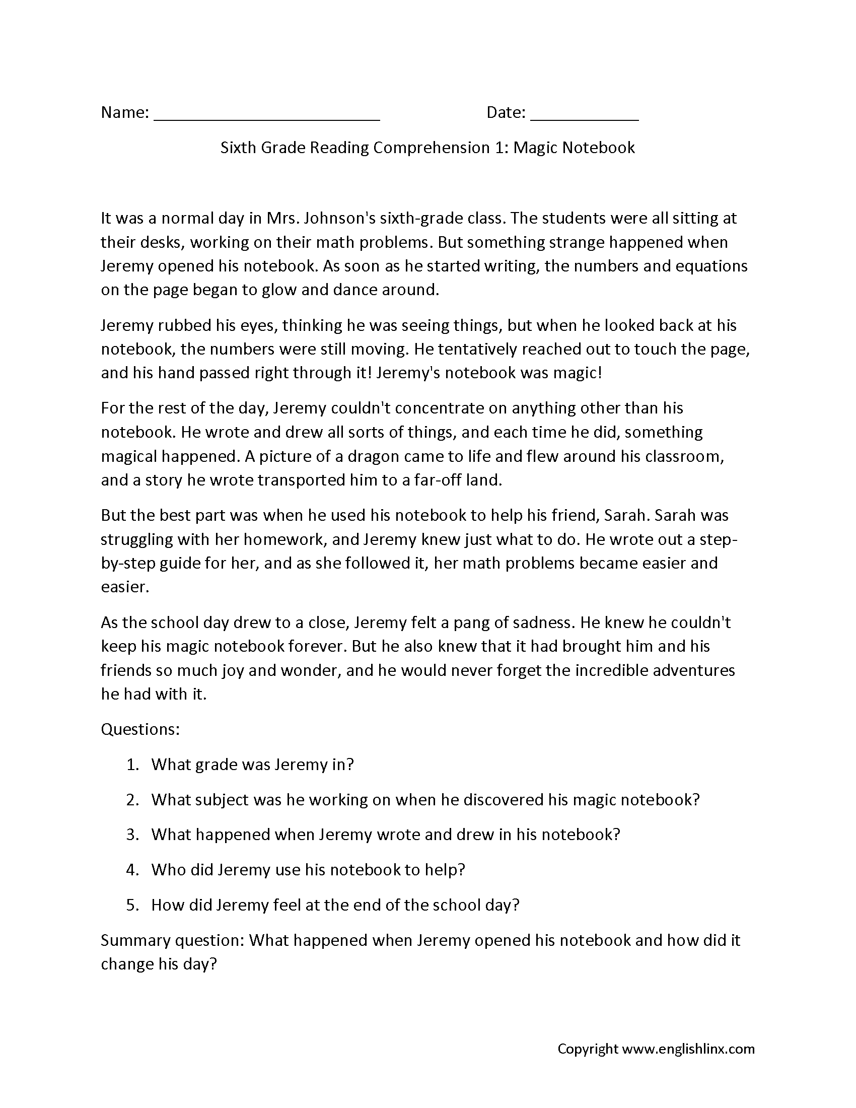 Sixth Grade Reading Comprehension Worksheets Free Printable 6th Grade Reading Passages 5 Printable Reading Comprehension English Worksheets Ages 4 7 KG1 To Grade 2 Etsy