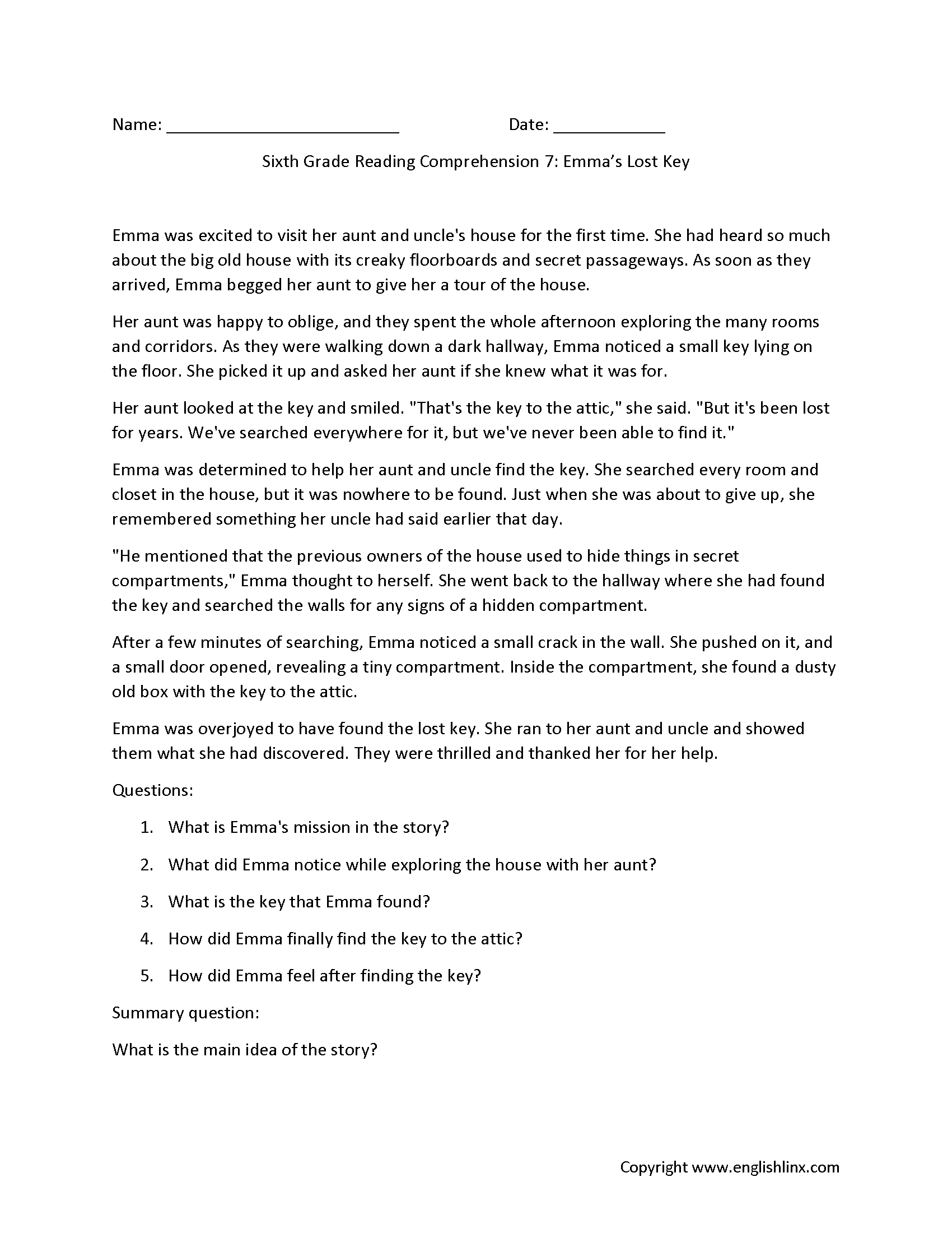 Sixth Grade Reading Comprehension Worksheets Free Printable 6th Grade Reading Passages Grade 6 Reading Comprehension Grade1to6