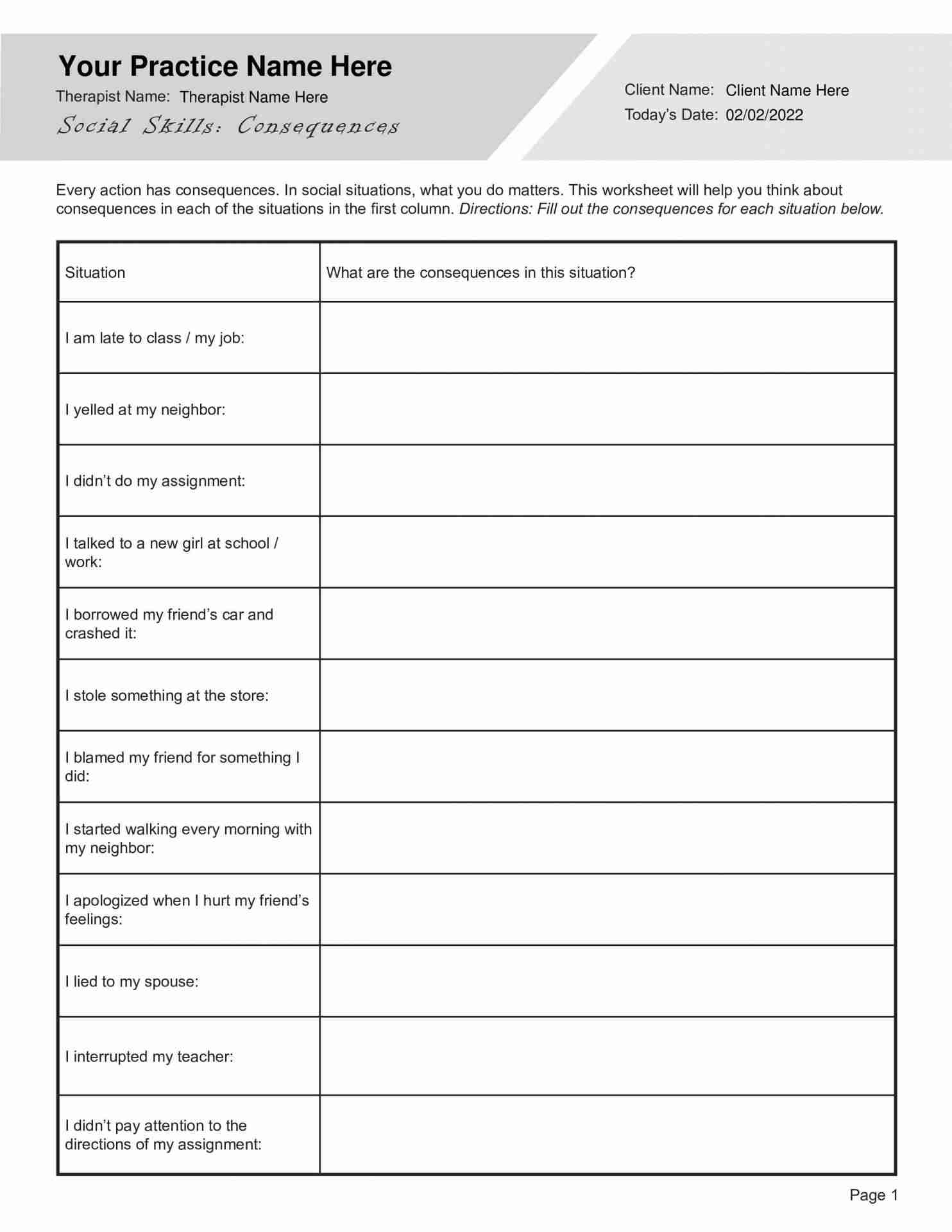 Social Skills Worksheet For Consequences TherapyByPro